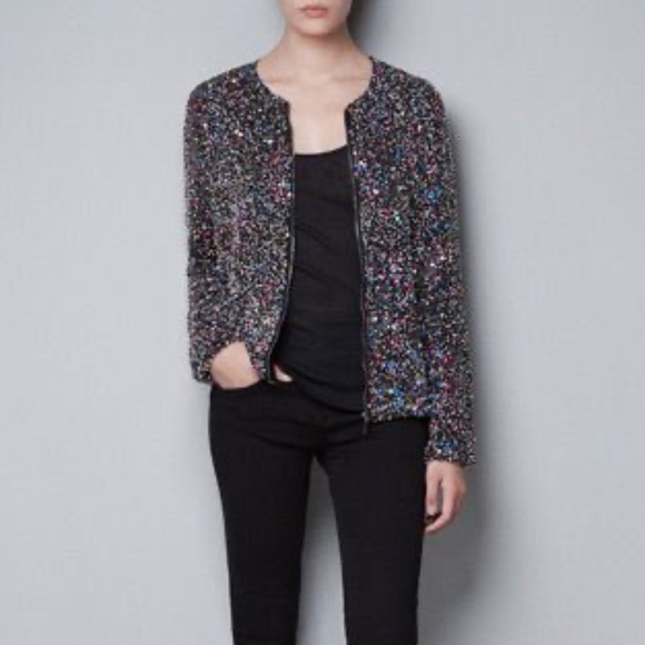 Zara Jackets & Blazers - ZARA bloggers favourite beaded cardigan bomber jacket S multicolor black RARE